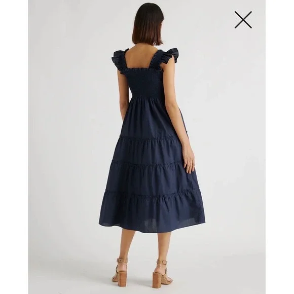 Quince Navy Blue Organic Cotton Smocked Tiered Maxi Dress Ruffle Strap XL - Picture 2 of 9
